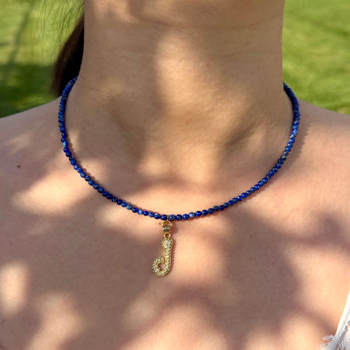 Initial Letter Lapis Lazuli Beaded Necklace