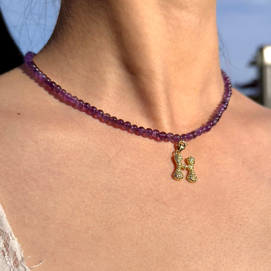 Initial Letter Amethyst Beaded Necklace