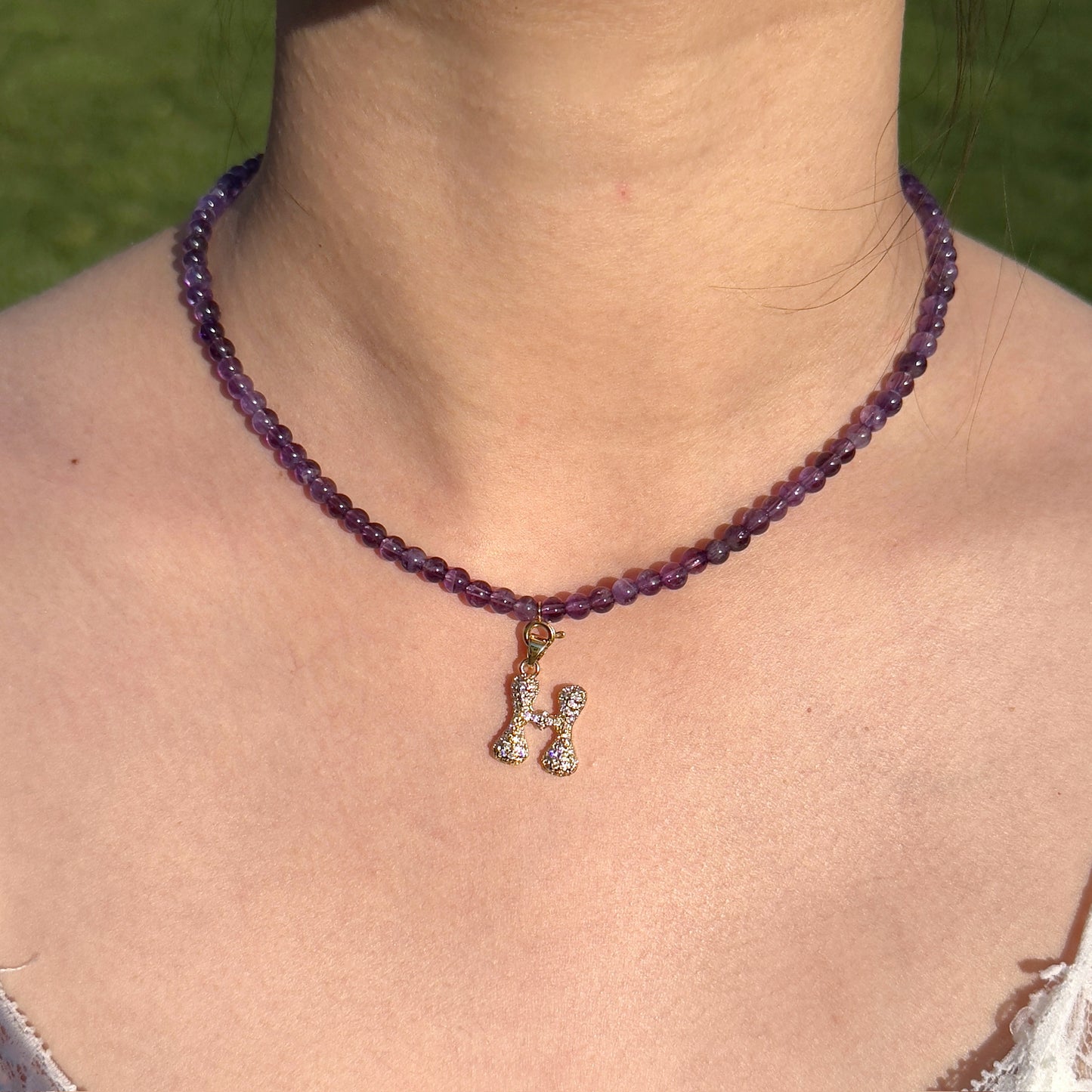 Initial Letter Amethyst Beaded Necklace