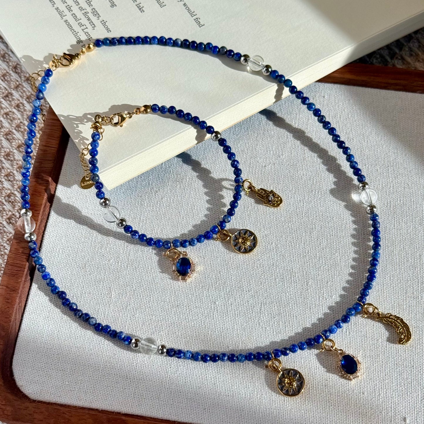 Blue Lapis Lazuli beaded necklace and bracelet set with golden celestial charms special design gift