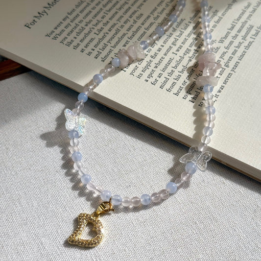 Initial Letter Rose Quartz & Blue Lace Agate Necklace