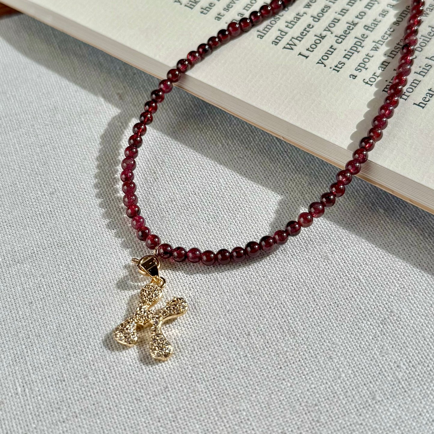 Initial Letter Garnet Beaded Necklace