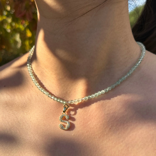 Initial Letter Green Aventurine Beaded Necklace