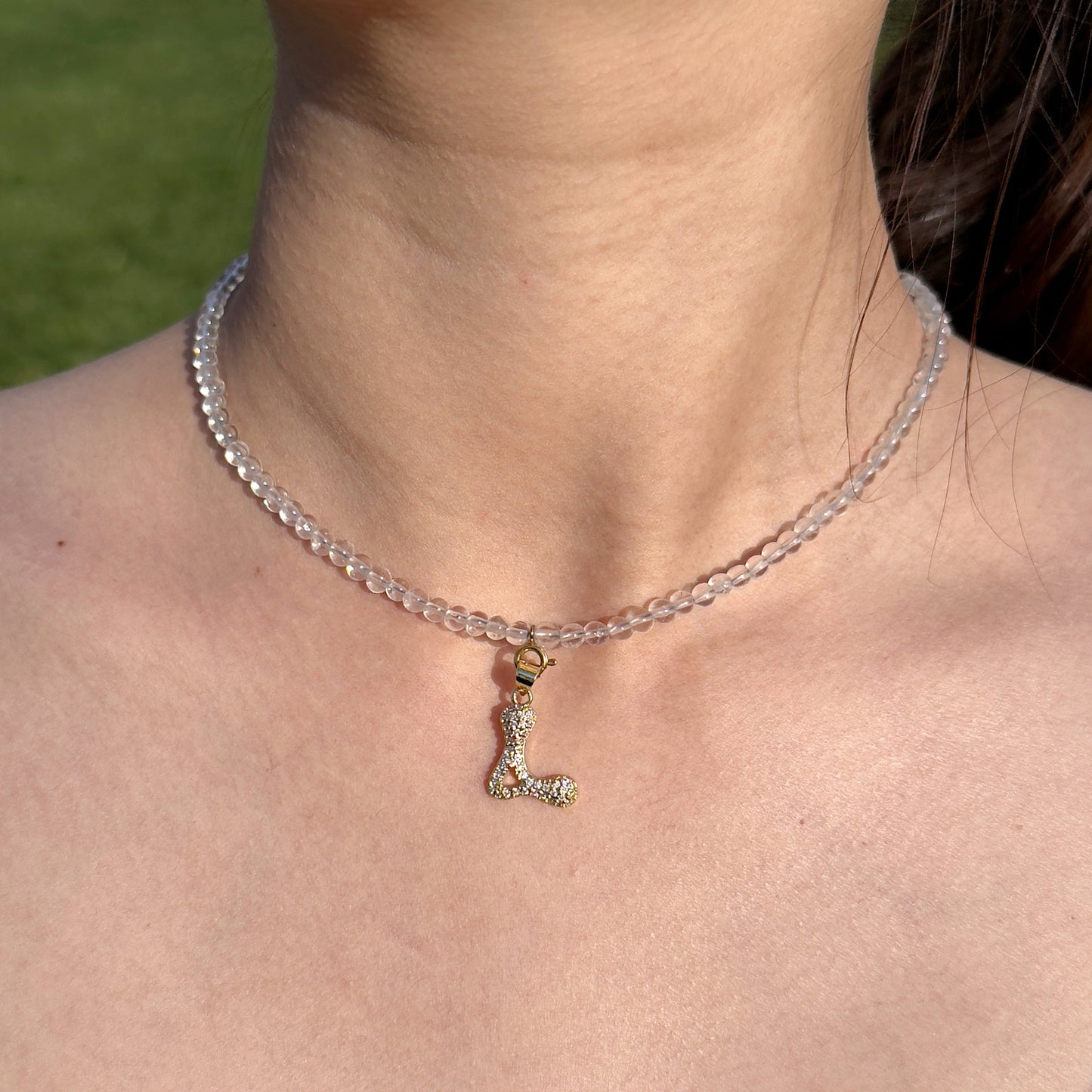 Initial Letter Clear Quartz Beaded Necklace