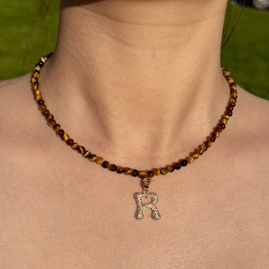 Initial Letter Tiger’s Eye Beaded Necklace