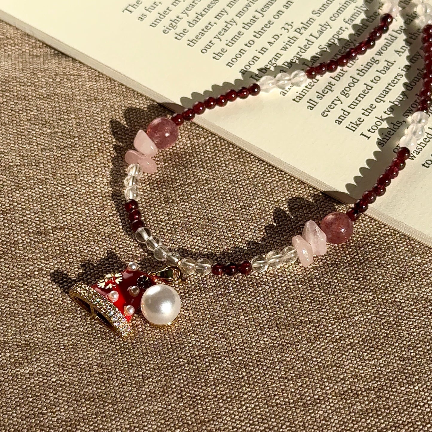 Festive Berry: Garnet, Clear Quartz, Rose Quartz & Strawberry Quartz Beaded Necklace