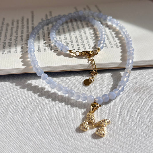 Initial Letter Blue Lace Agate Beaded Necklace