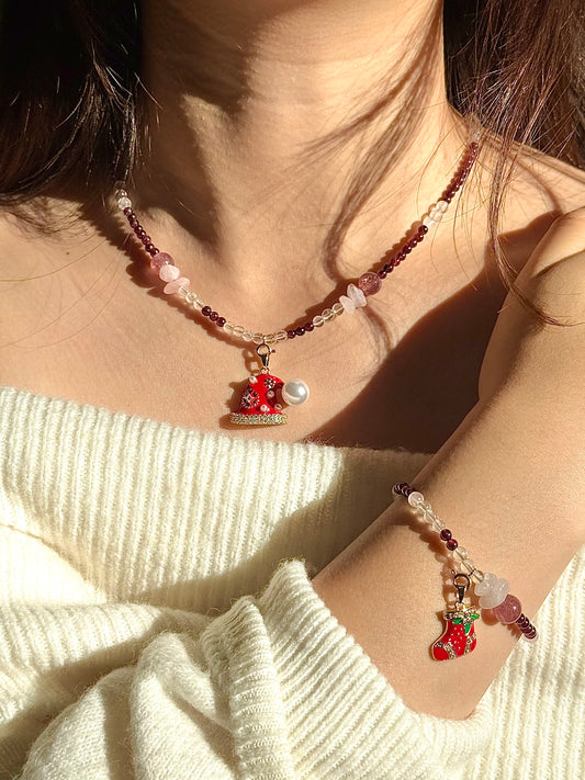 Festive Berry: Garnet, Clear Quartz, Rose Quartz & Strawberry Quartz Beaded Jewelry Set