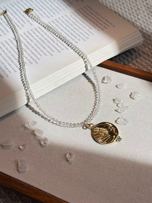 Moon & Stars Charm Clear Quartz Necklace