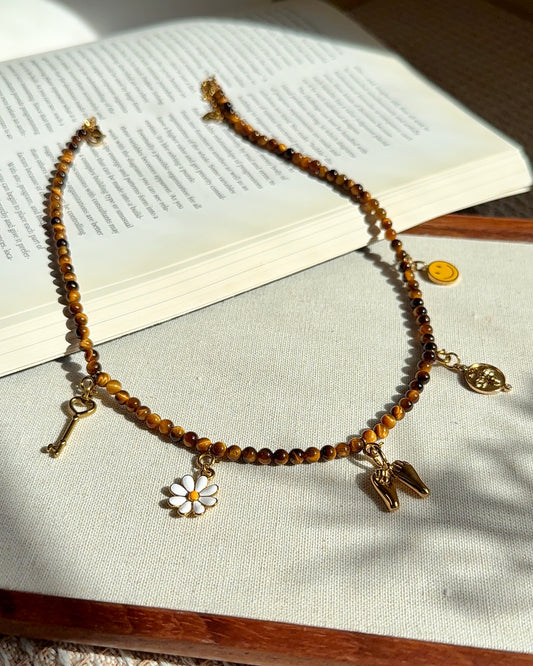 Key to Happiness Tiger Eye Beaded Charm Necklace – Key, Daisy, Friendship Hands, Bee & Smiley Face