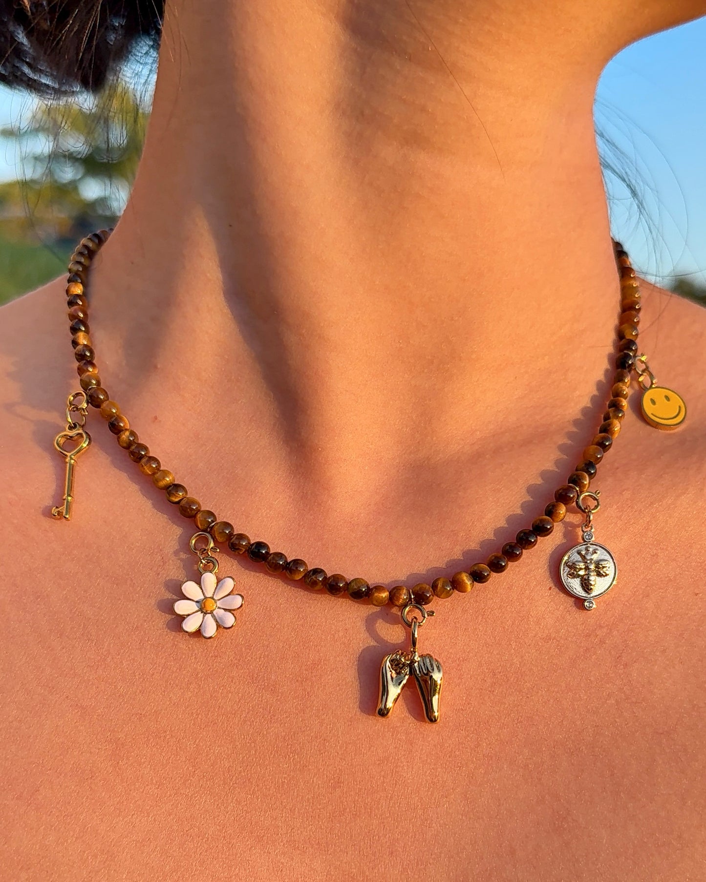 Key to Happiness Tiger Eye Beaded Charm Necklace – Key, Daisy, Friendship Hands, Bee & Smiley Face