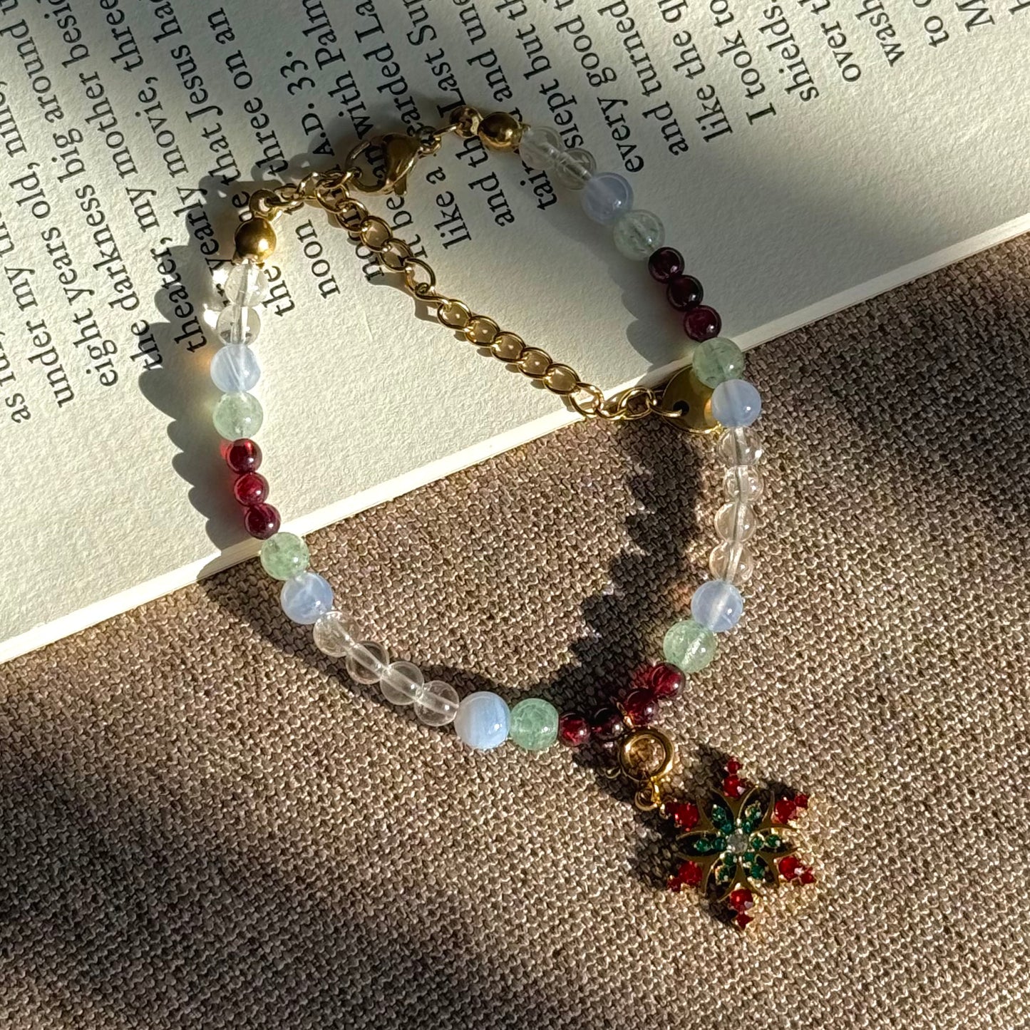 Winter Orchard Bracelet: Natural Garnet, Green Aventurine, Blue Lace Agate & Clear Quartz Beaded Jewelry