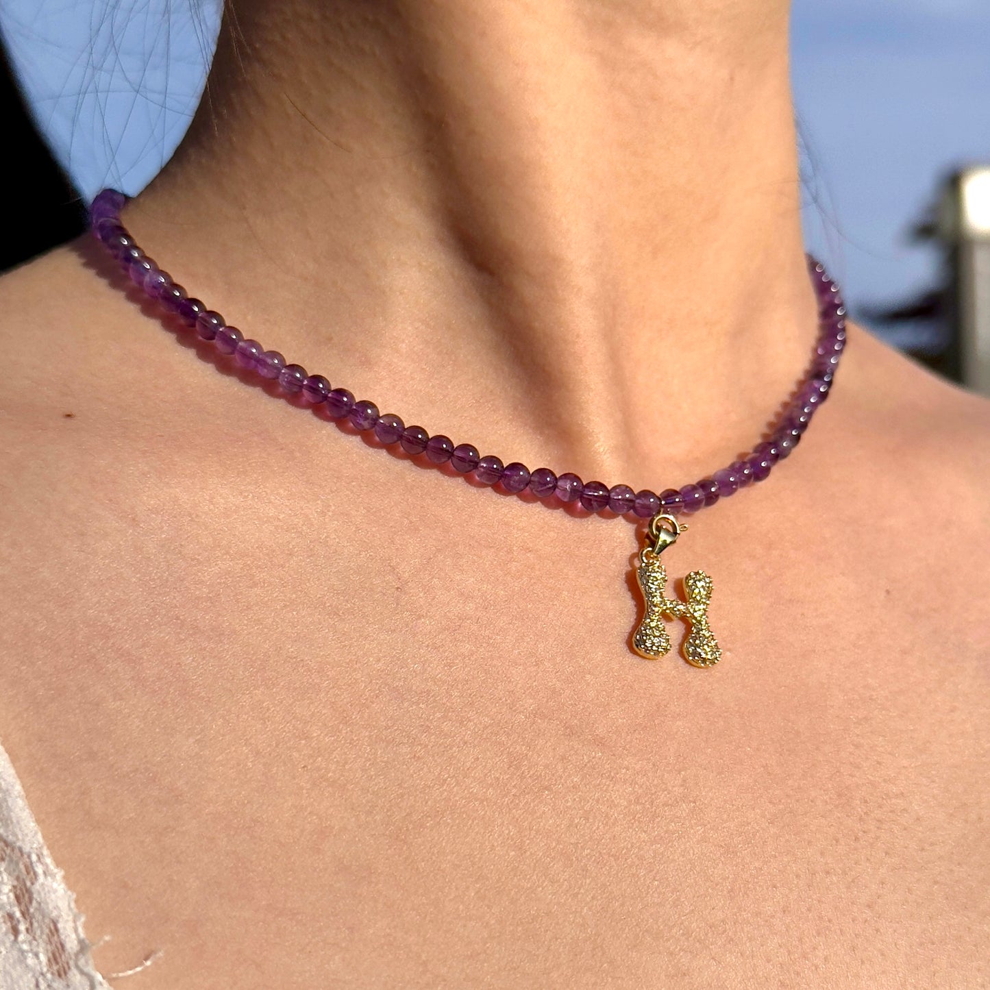 Initial Letter Amethyst Beaded Necklace