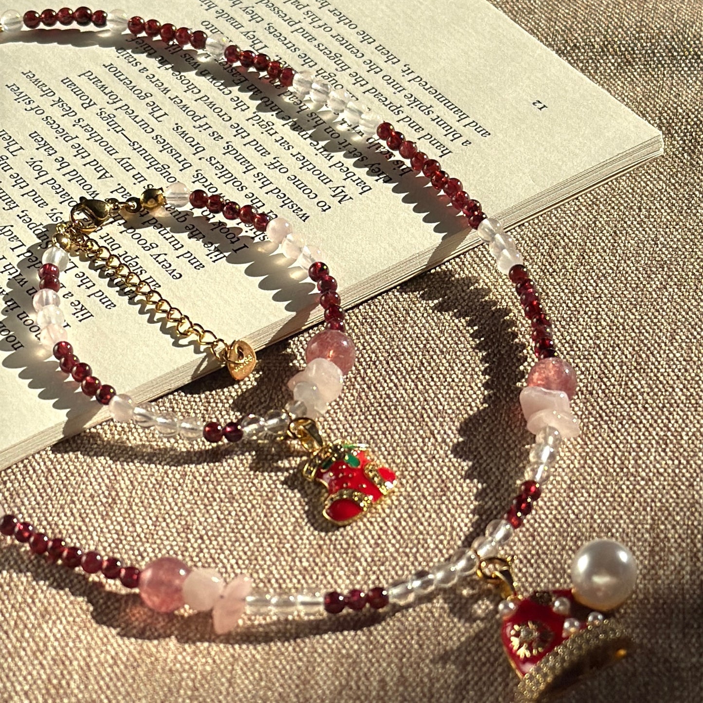 Festive Berry: Garnet, Clear Quartz, Rose Quartz & Strawberry Quartz Beaded Jewelry Set