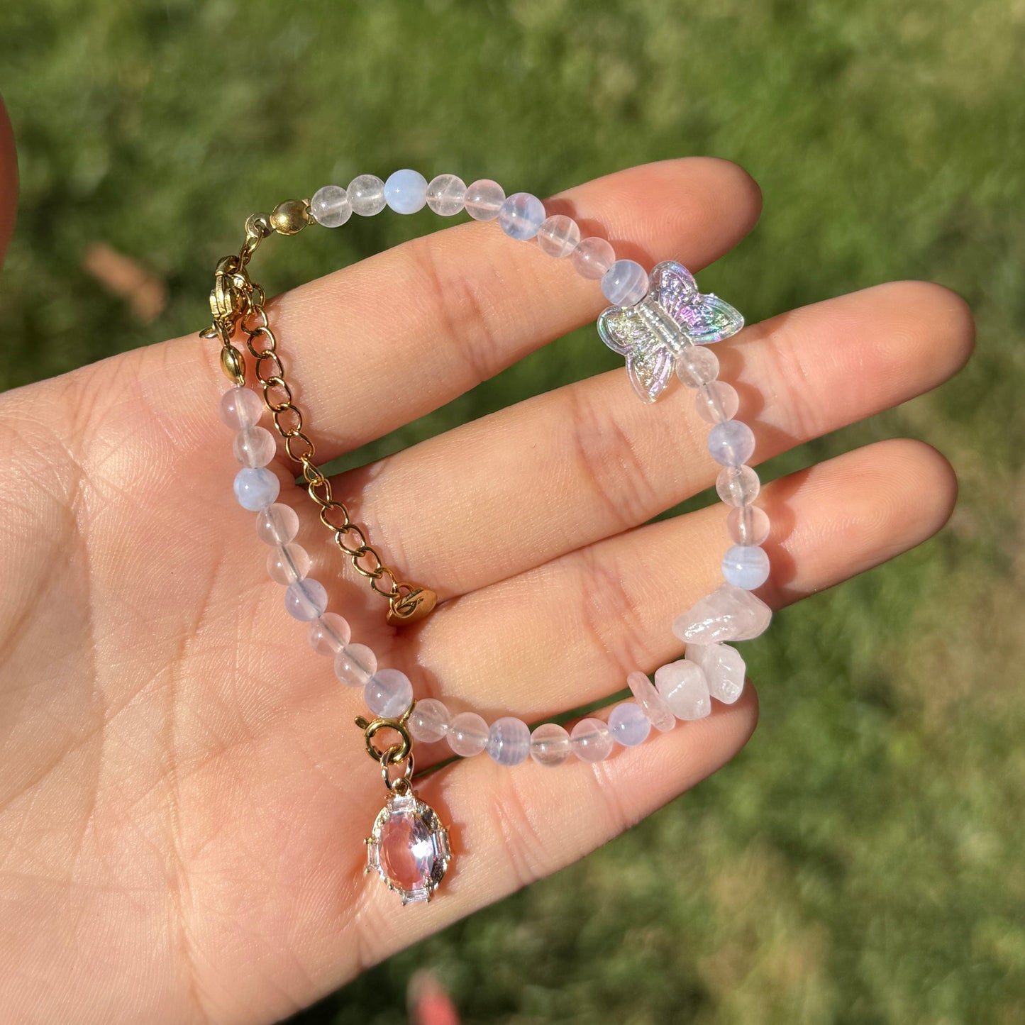 Pink Rose quartz and blue lace agate  beaded bracelet with a pink gemstone pendant