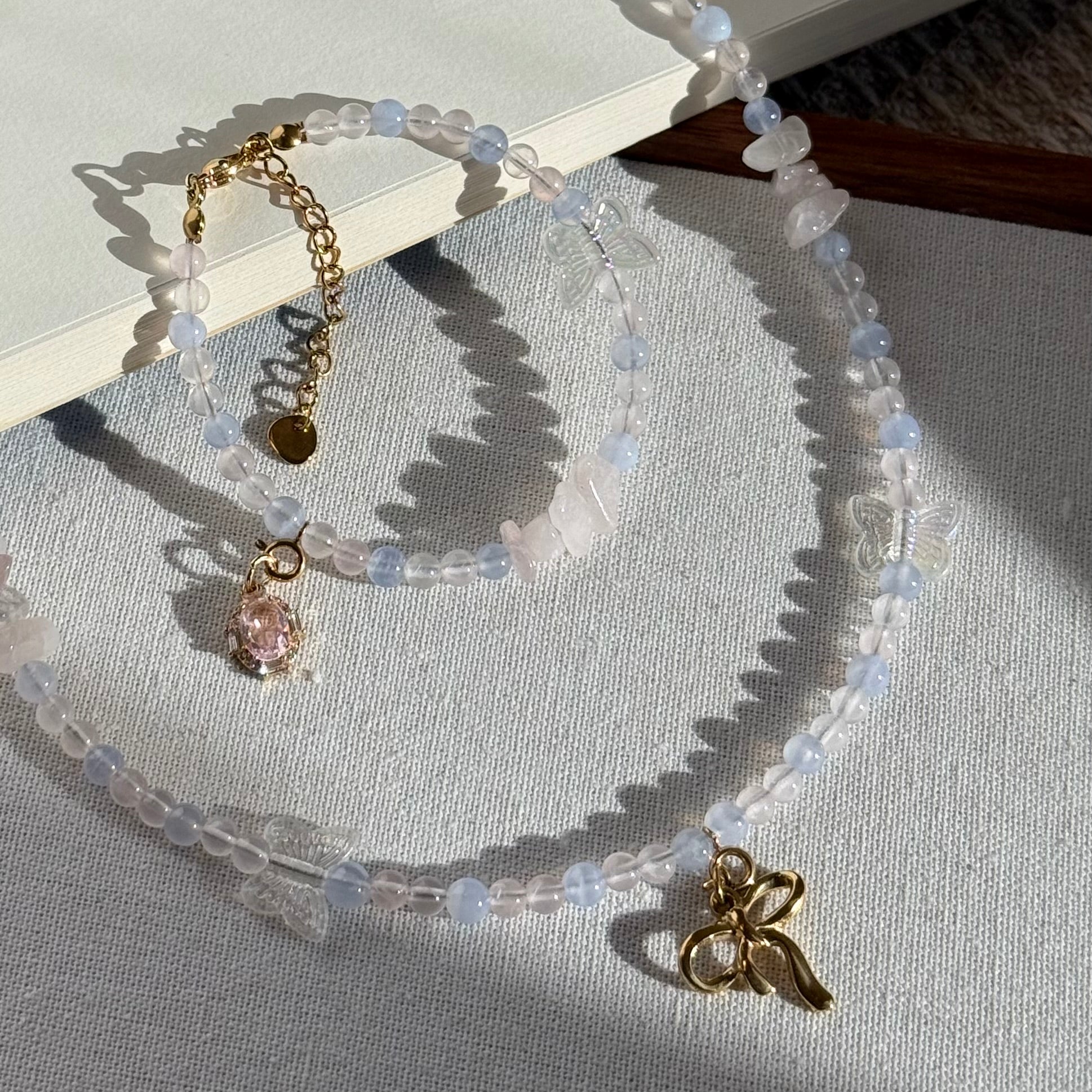 Pink and Blue Semi-precious stone crystal Beaded necklace and bracelet jewelry set with gold charms
