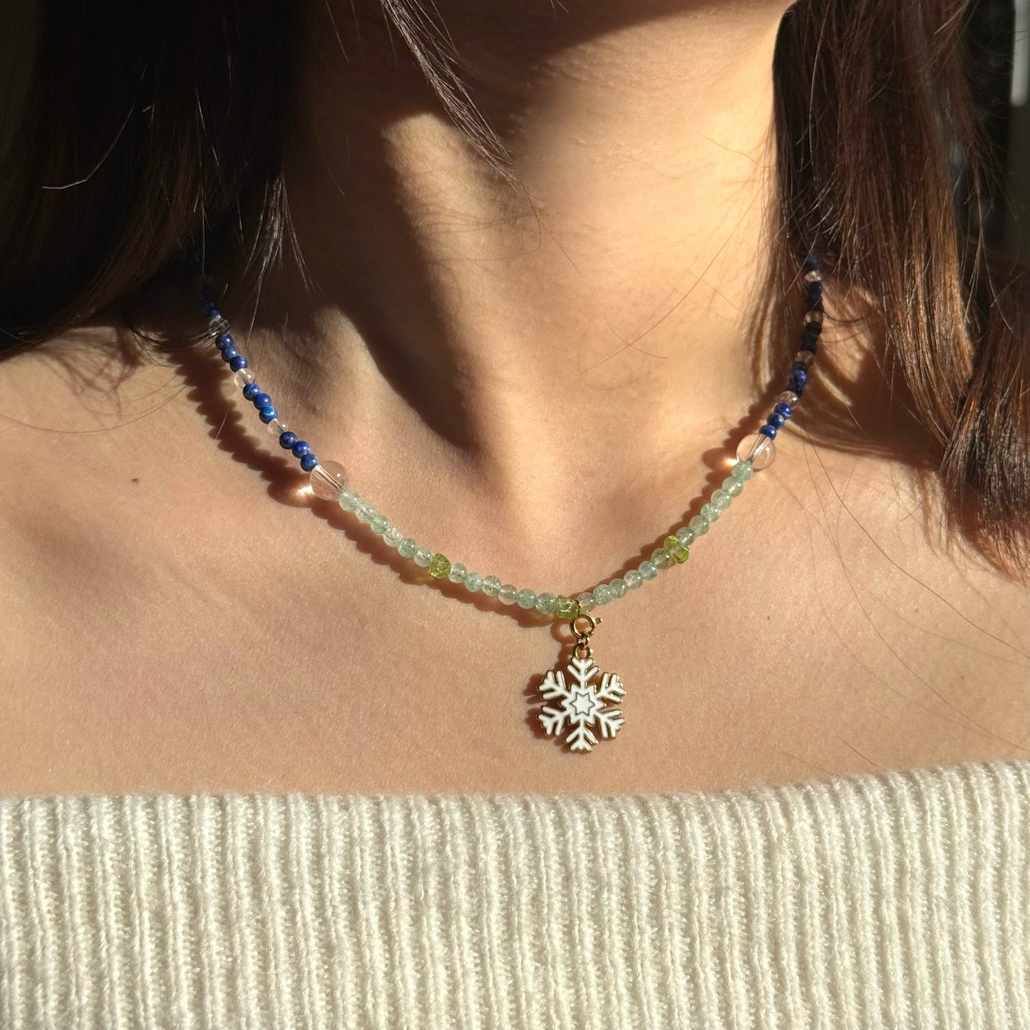 Frost & Flora: Green Aventurine, Lapis Lazuli, Clear Quartz & Peridot Beaded Necklace