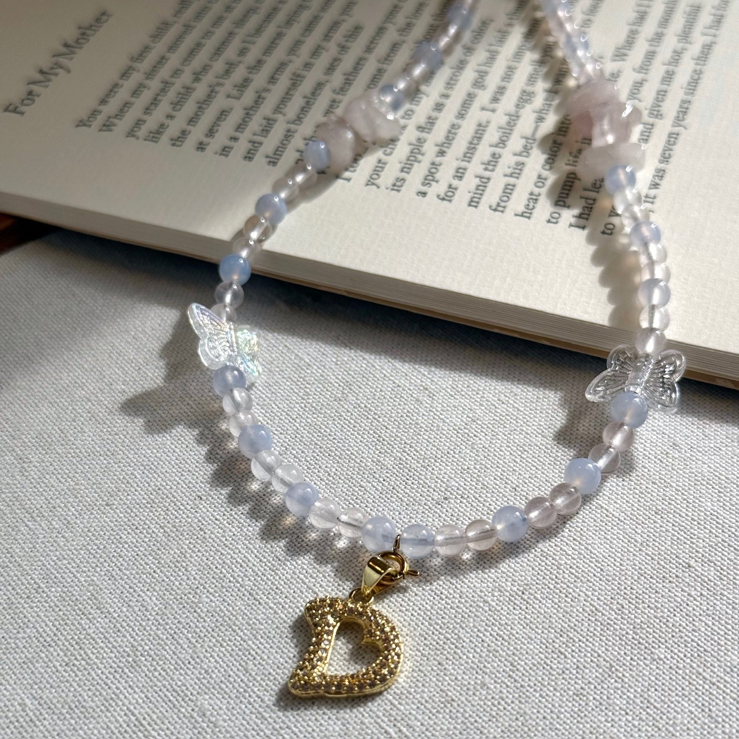 Initial Letter Rose Quartz & Blue Lace Agate Necklace