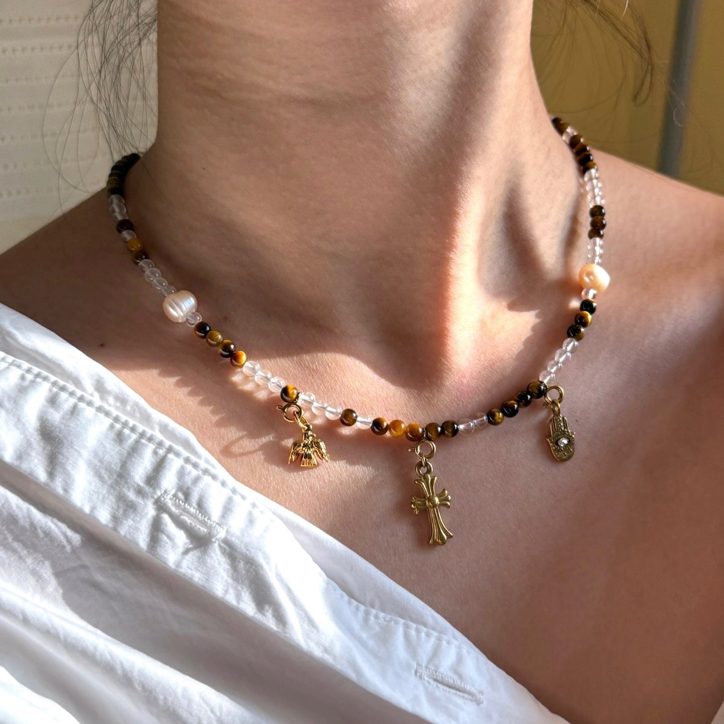 Earthen Luster: Tiger's Eye, Clear Quartz & Pearl Necklace