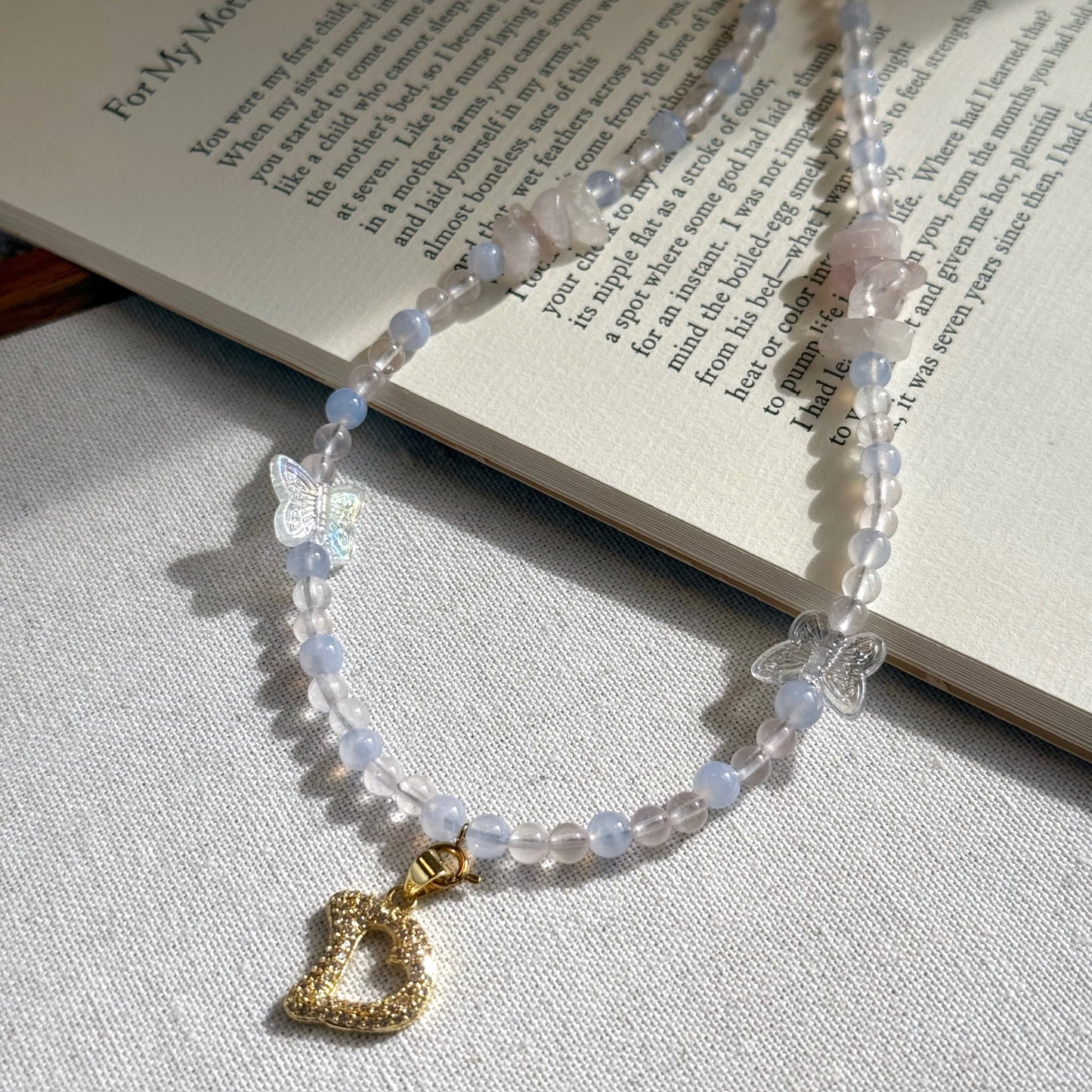 Initial Letter Rose Quartz & Blue Lace Agate Necklace