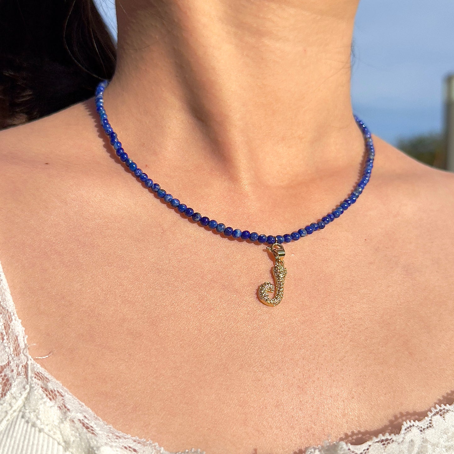 Initial Letter Lapis Lazuli Beaded Necklace