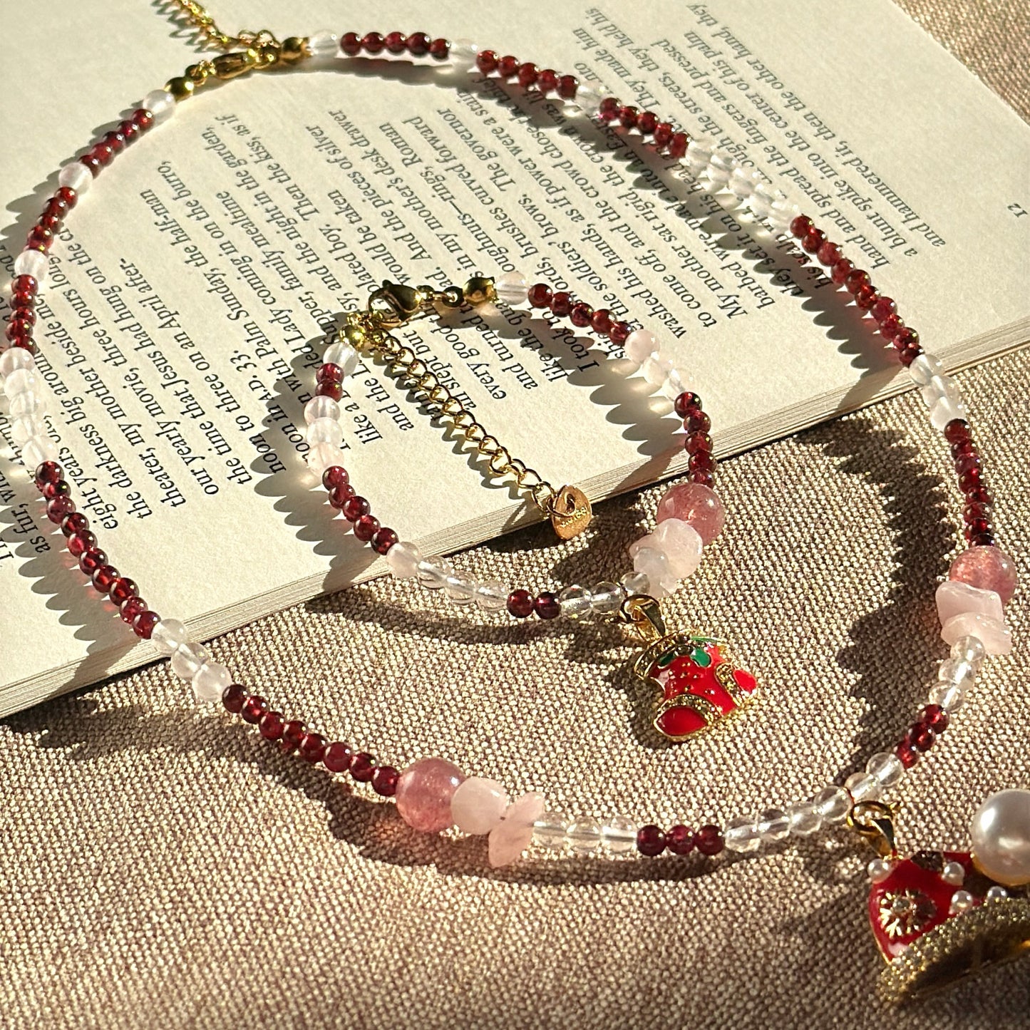Festive Berry: Garnet, Clear Quartz, Rose Quartz & Strawberry Quartz Beaded Jewelry Set