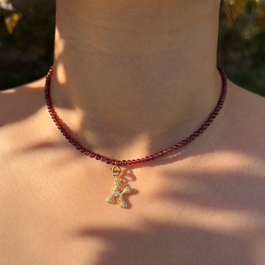 Initial Letter Garnet Beaded Necklace