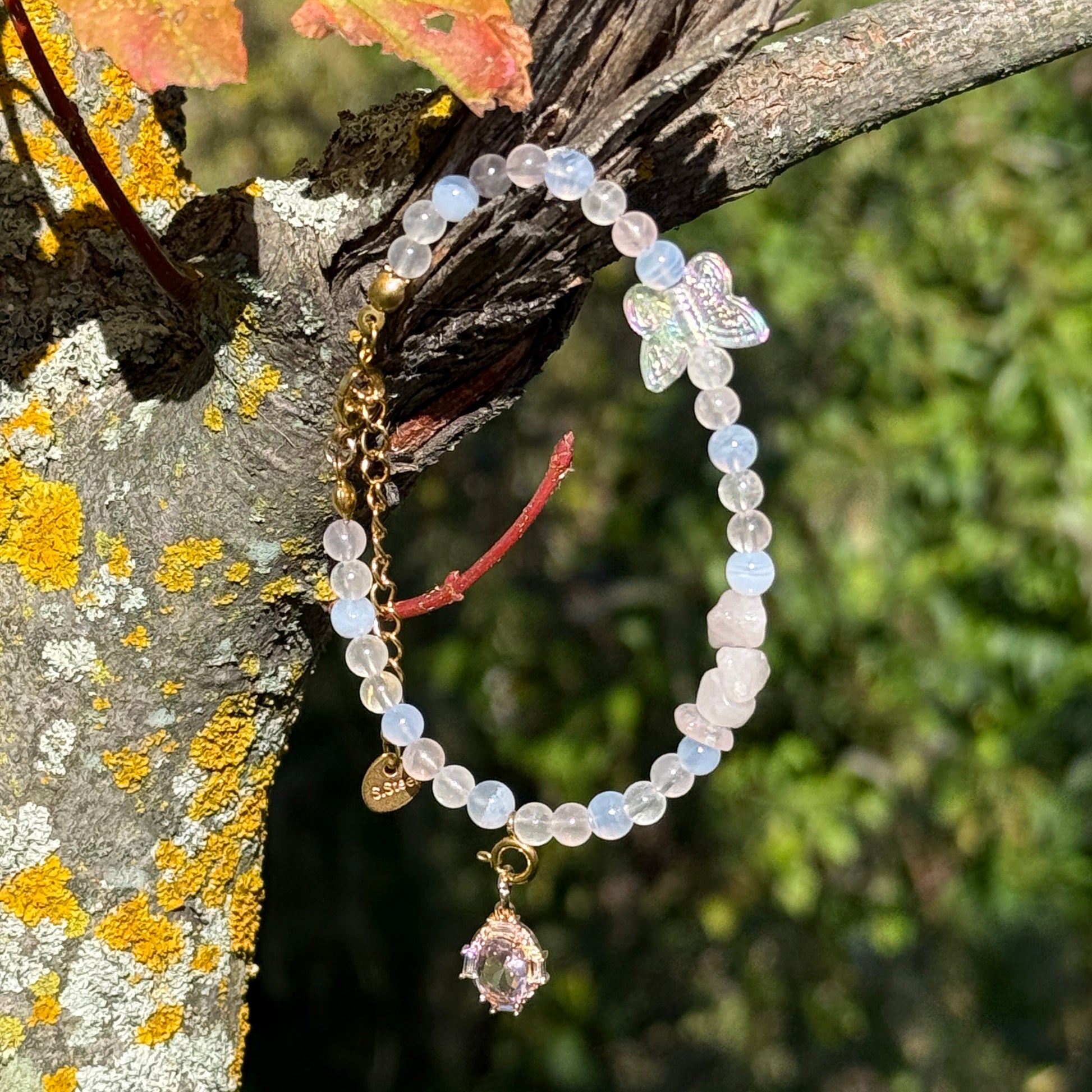 Butterfly rose quartz and blue chalcedony Beaded bracelet with 18k gold plated charms