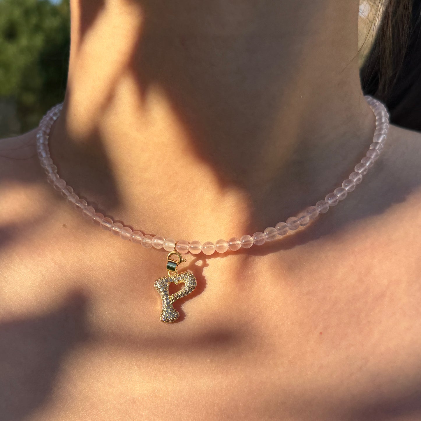 Initial Letter Rose Quartz Beaded Necklace