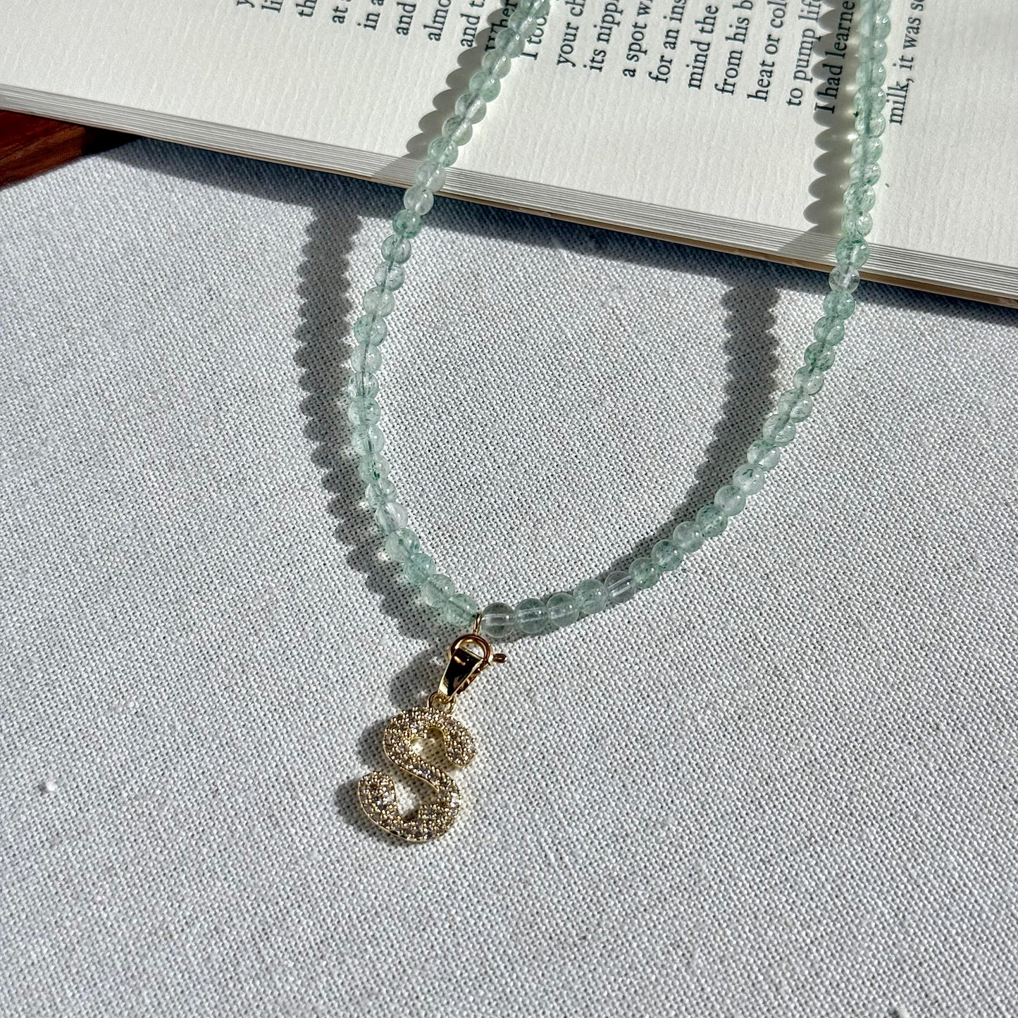 Initial Letter Green Aventurine Beaded Necklace
