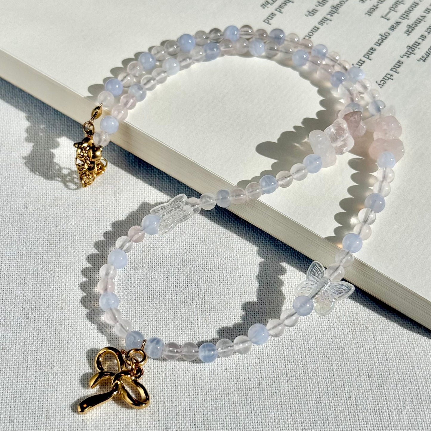 Pink and Blue crystal cute Beaded bracelet with butterfly gold charm
