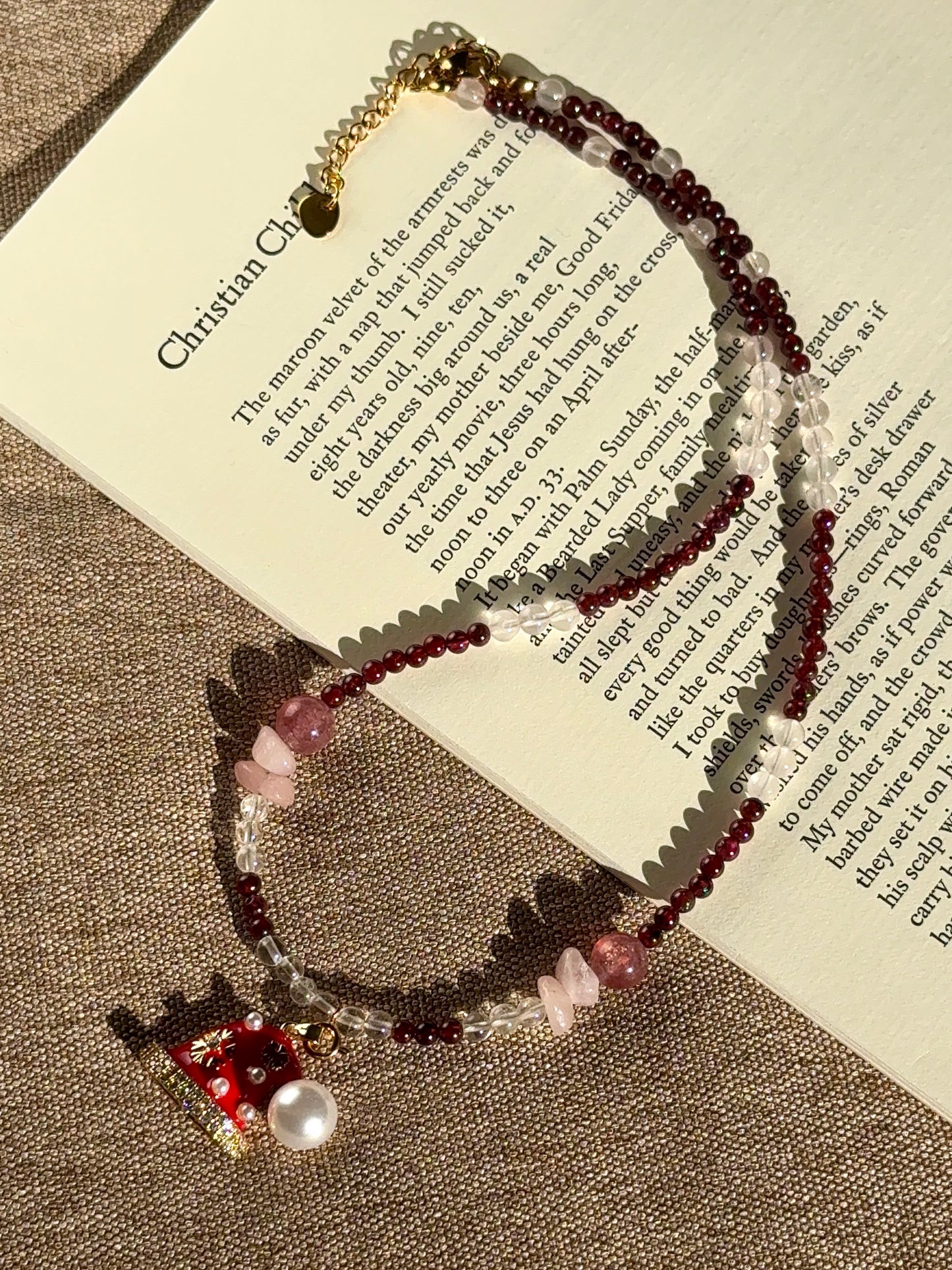 Festive Berry: Garnet, Clear Quartz, Rose Quartz & Strawberry Quartz Beaded Necklace