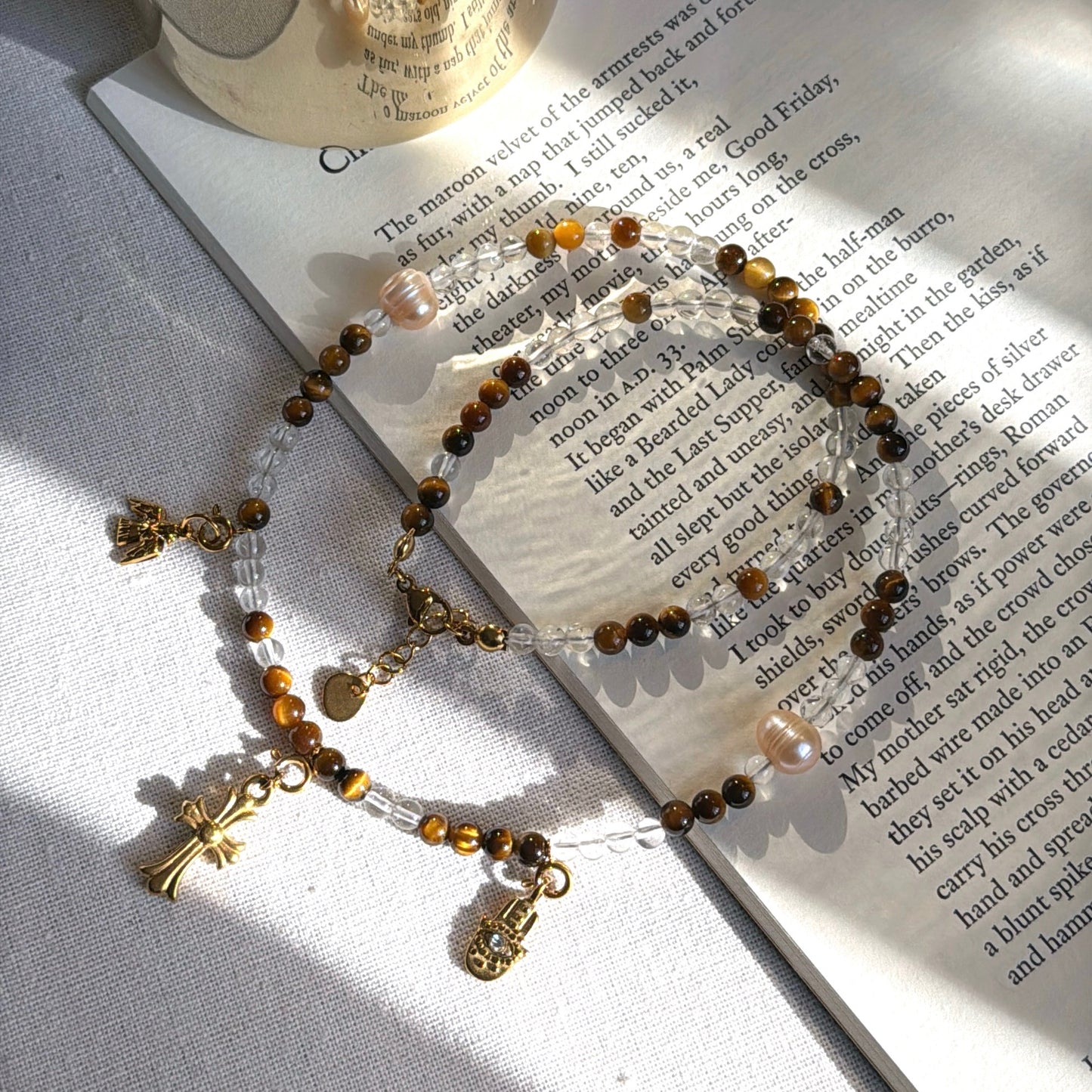 Earthen Luster: Tiger's Eye, Clear Quartz & Pearl Necklace