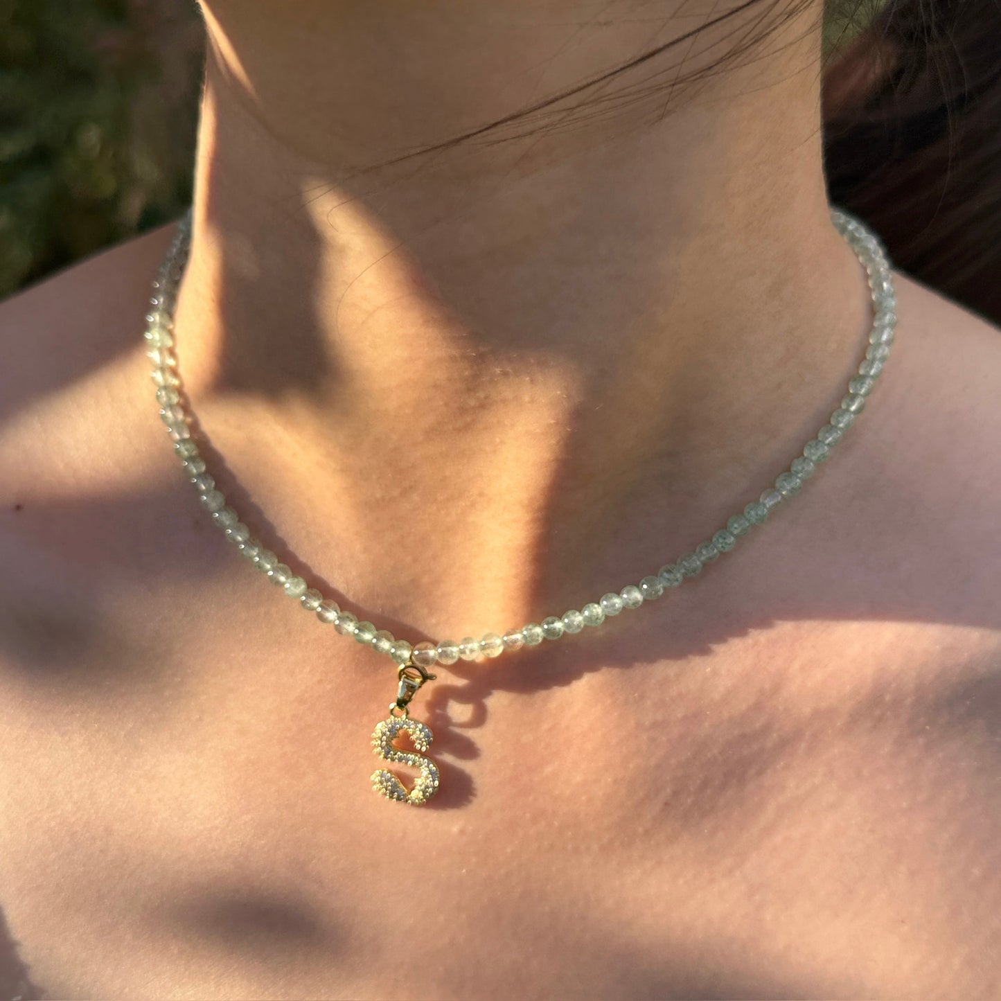Initial Letter Green Aventurine Beaded Necklace