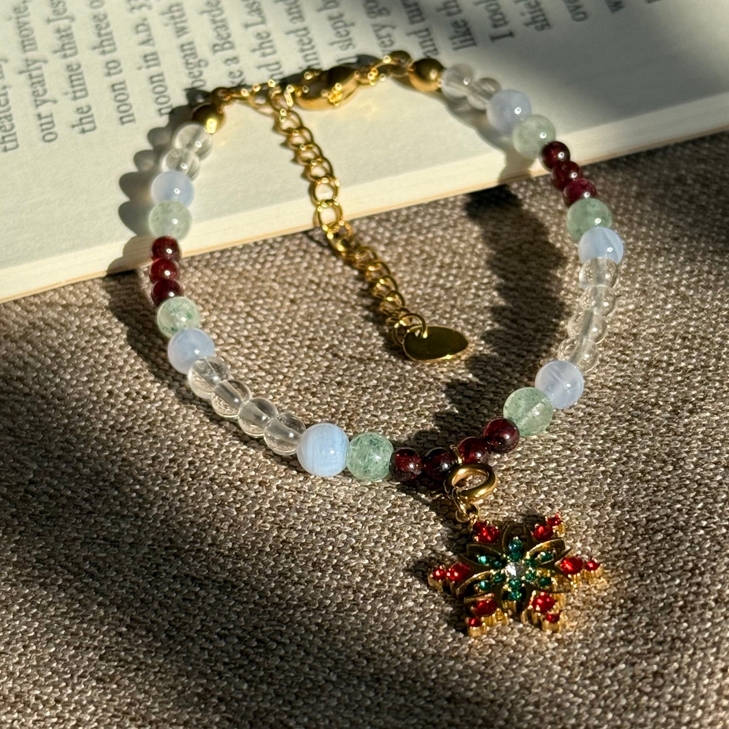 Winter Orchard Bracelet: Natural Garnet, Green Aventurine, Blue Lace Agate & Clear Quartz Beaded Jewelry