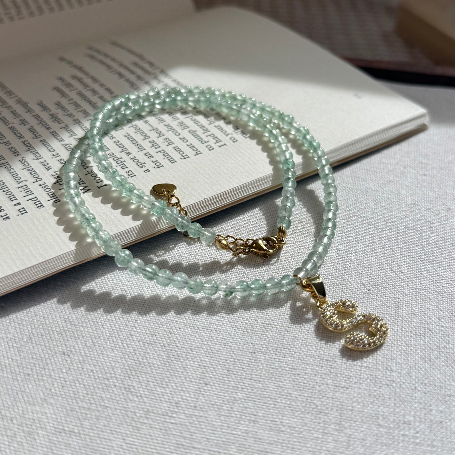 Initial Letter Green Aventurine Beaded Necklace