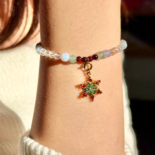 Winter Orchard Bracelet: Natural Garnet, Green Aventurine, Blue Lace Agate & Clear Quartz Beaded Jewelry