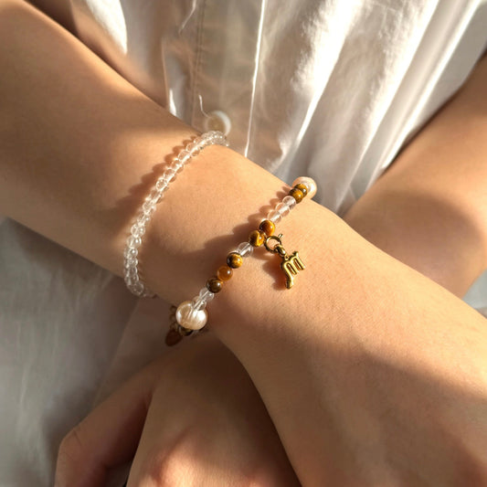Earthen Luster: Tiger's Eye, Clear Quartz & Pearl Bracelet