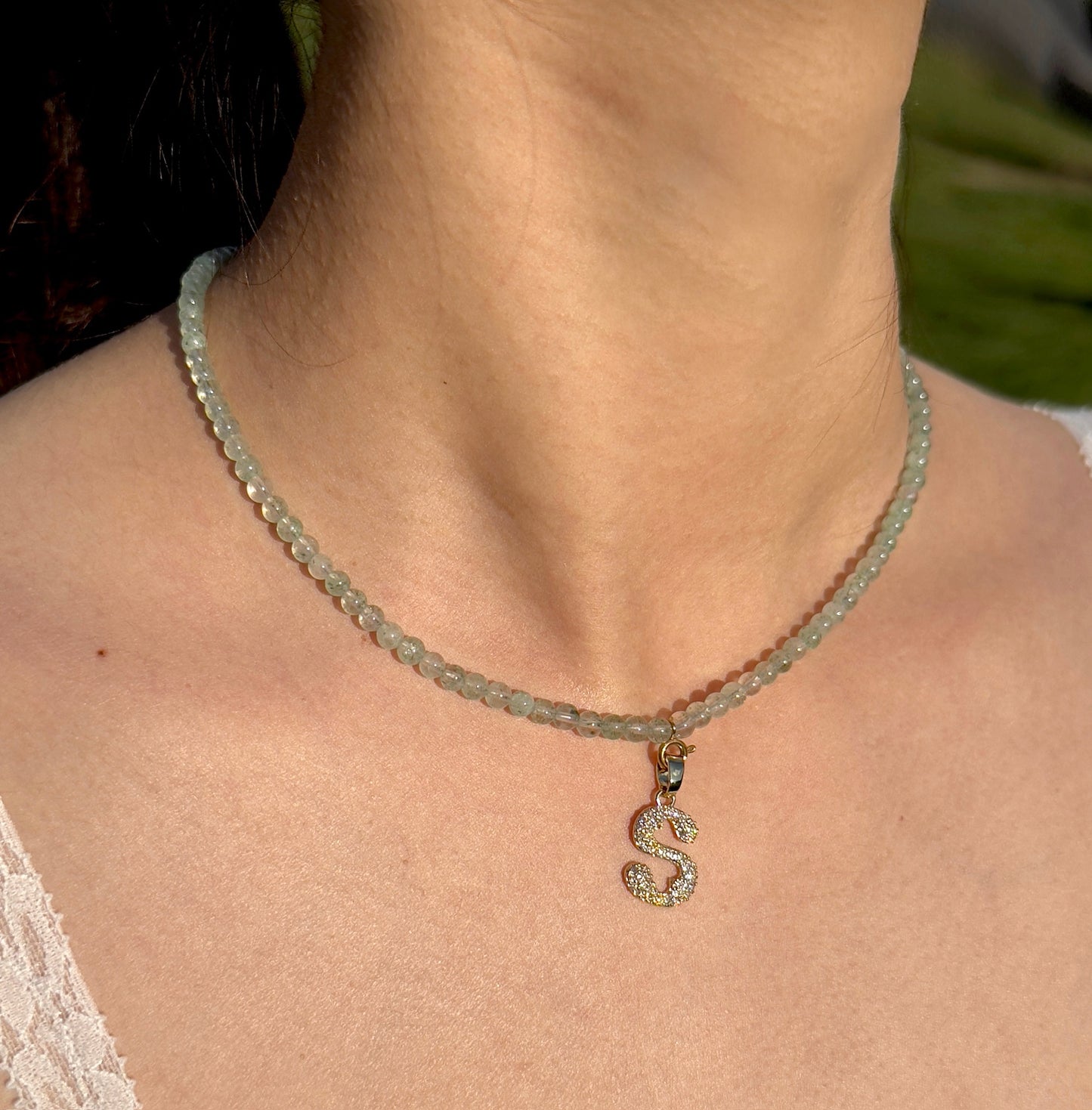Initial Letter Green Aventurine Beaded Necklace