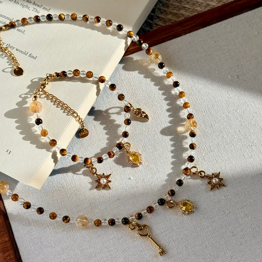 Tiger's Eye & Clear Quartz Beaded Jewelry Set with Star and Key Charms, Best Gift for Mom.