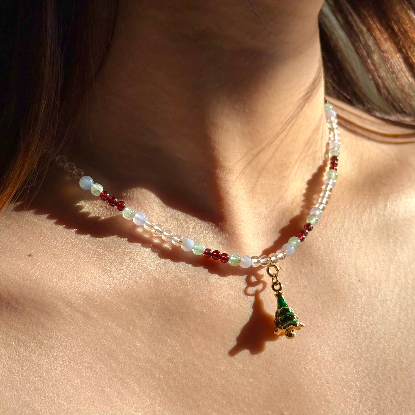 Winter Orchard Necklace: Natural Garnet, Green Aventurine, Blue Lace Agate & Clear Quartz Beaded Jewelry