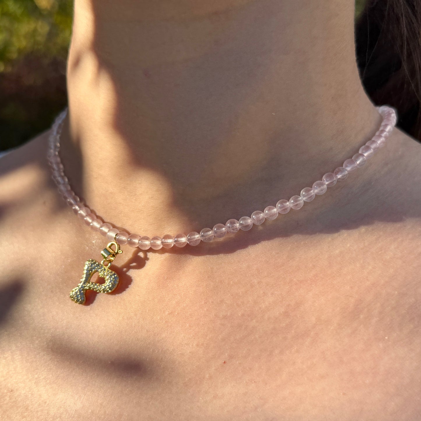 Initial Letter Rose Quartz Beaded Necklace
