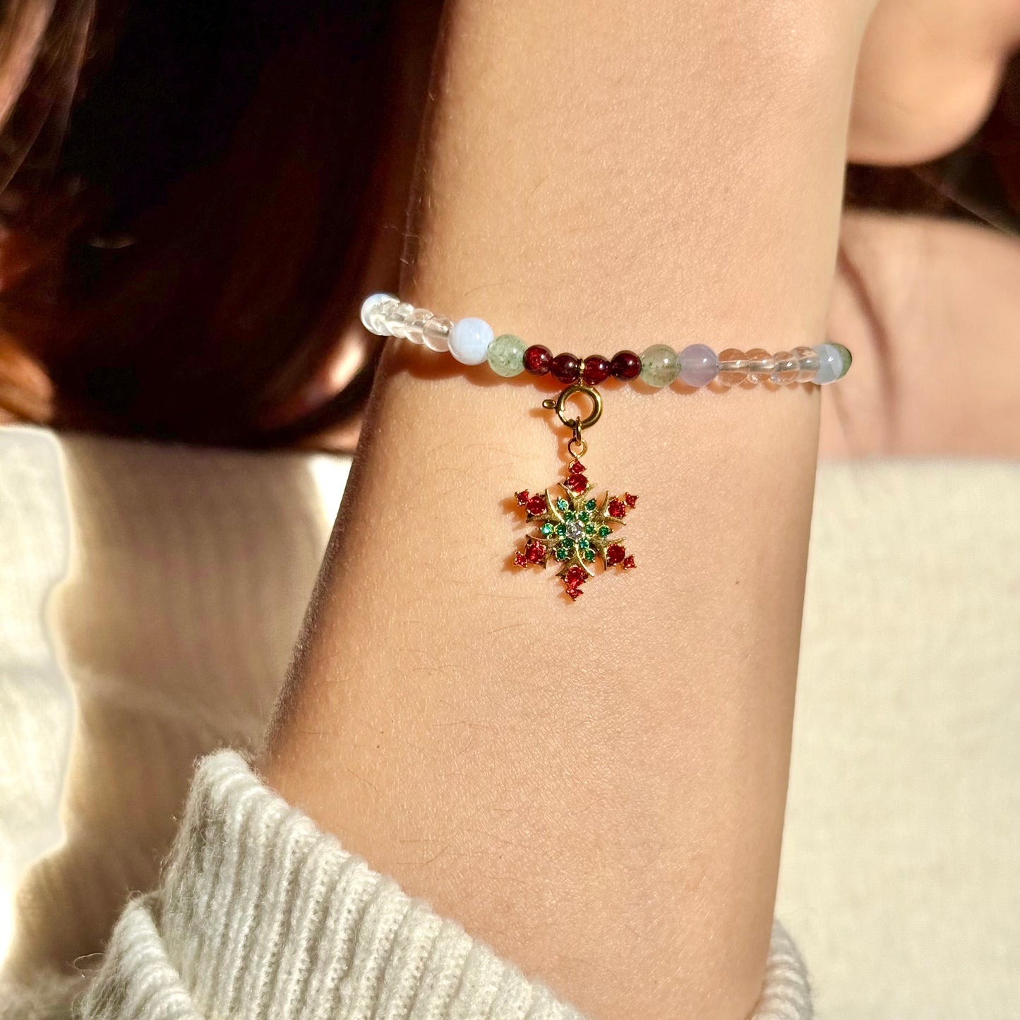 Winter Orchard Bracelet: Natural Garnet, Green Aventurine, Blue Lace Agate & Clear Quartz Beaded Jewelry