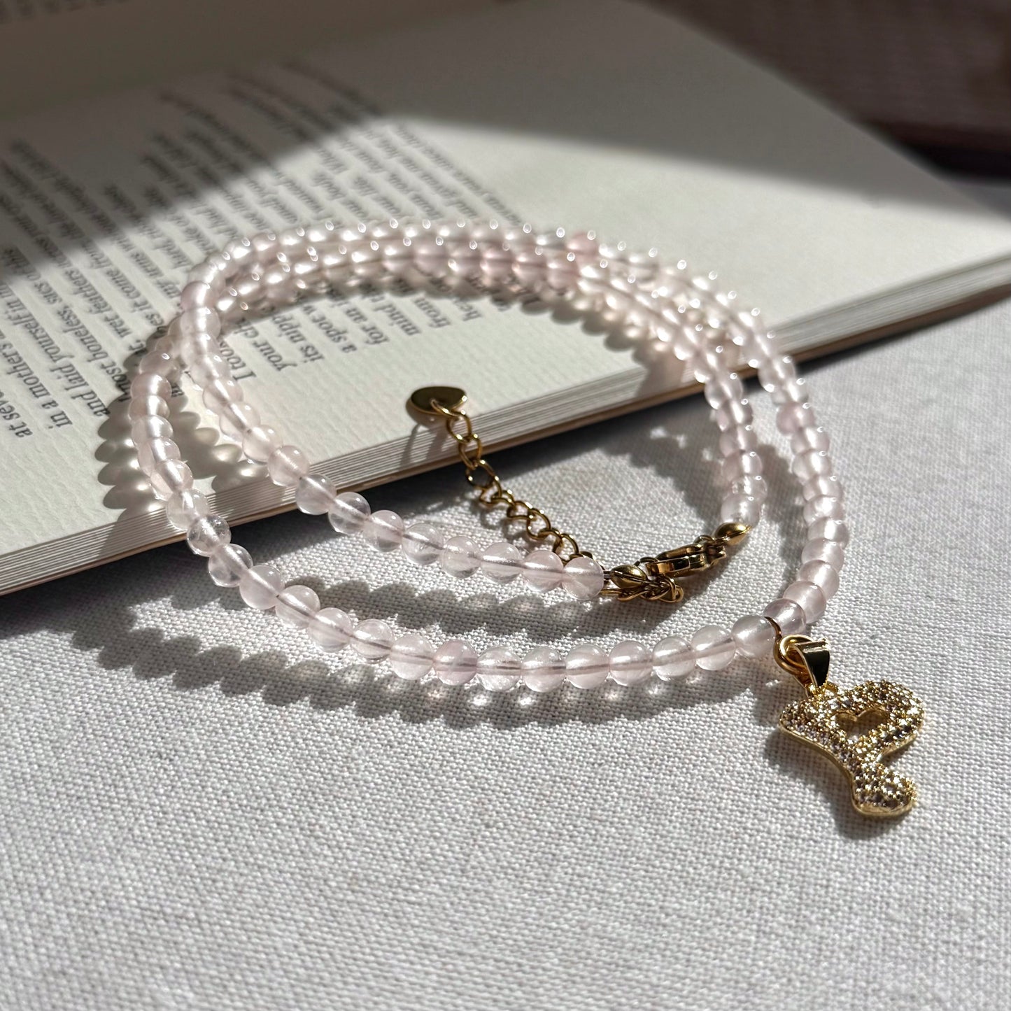 Initial Letter Rose Quartz Beaded Necklace