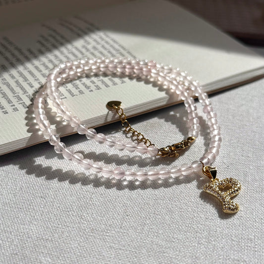 Initial Letter Rose Quartz Beaded Necklace