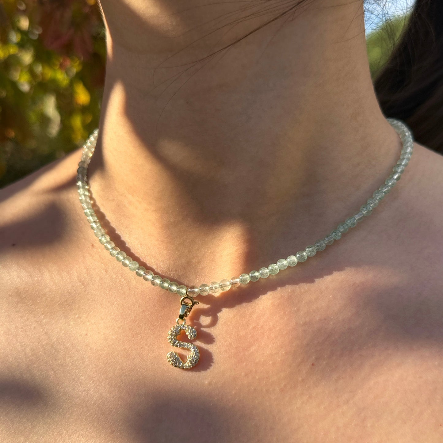 Initial Letter Green Aventurine Beaded Necklace