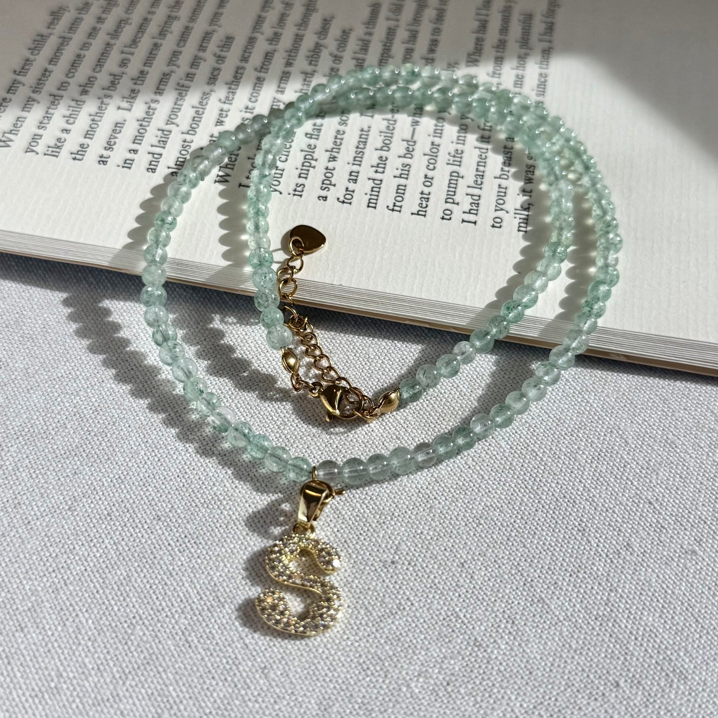 Initial Letter Green Aventurine Beaded Necklace
