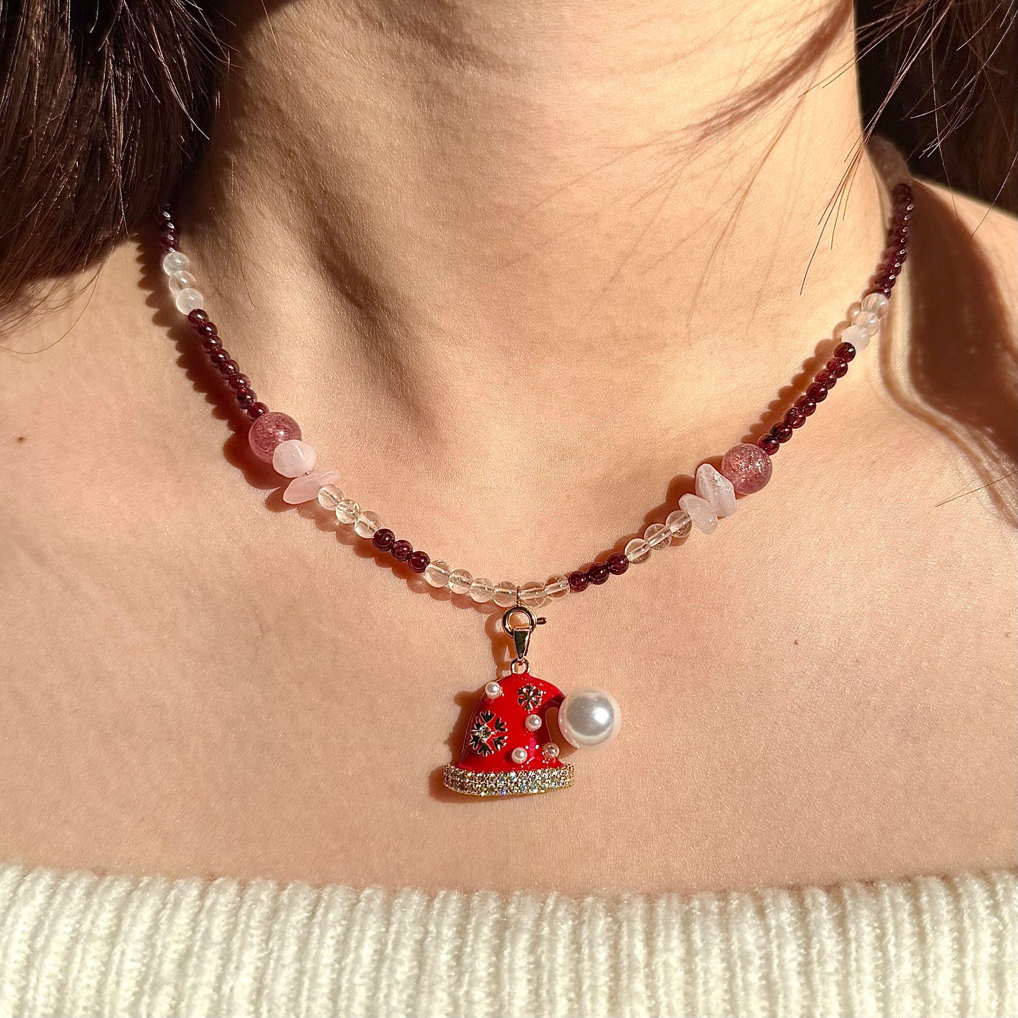 Festive Berry: Garnet, Clear Quartz, Rose Quartz & Strawberry Quartz Beaded Necklace