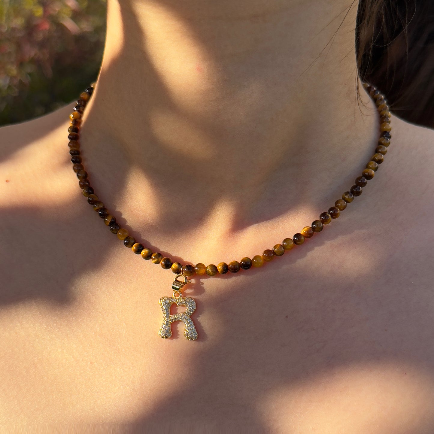 Initial Letter Tiger’s Eye Beaded Necklace