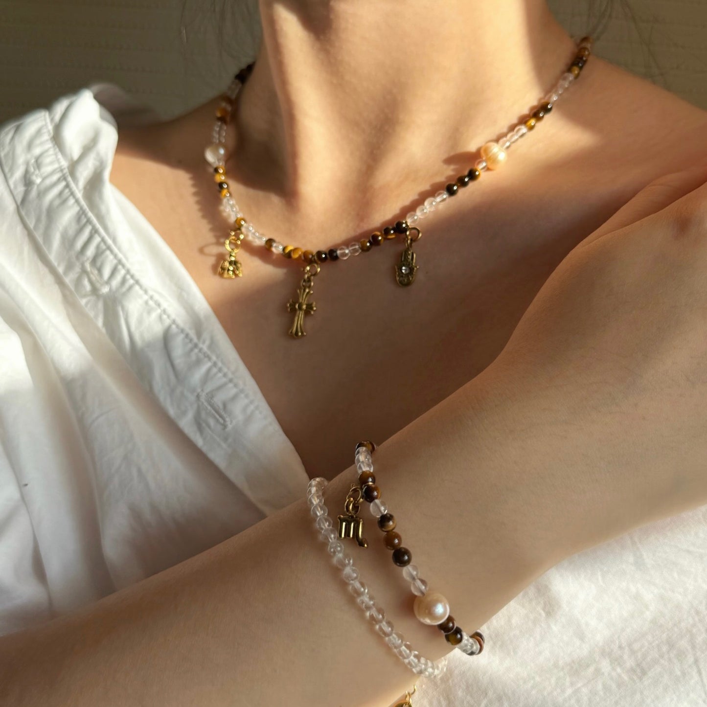 Earthen Luster: Tiger's Eye, Clear Quartz & Pearl Necklace